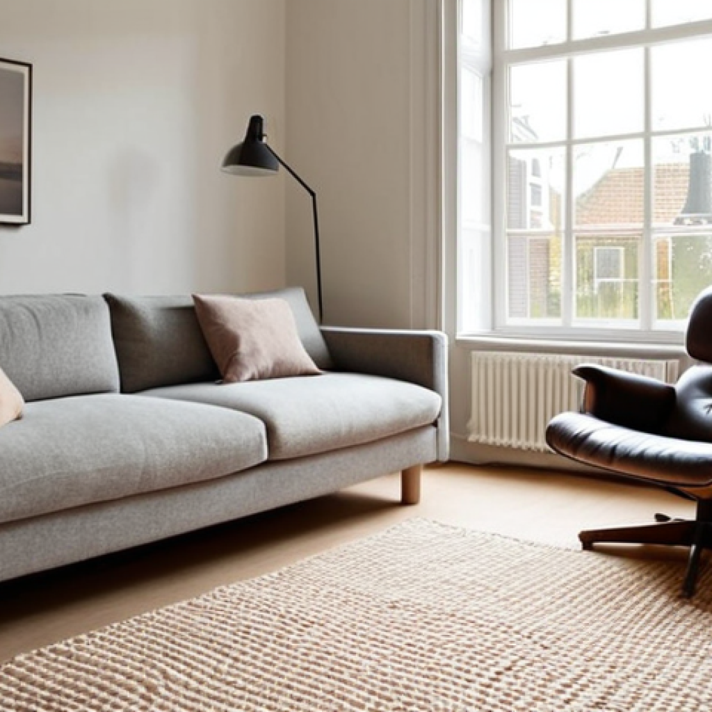 **Prompt 1: Serene Dutch Living Room with Wool Rug**
    A wide shot of a cozy, tranquil living room in a Dutch home, emphasizing warmth and acoustic comfort. A large, inviting, thick wool rug in a neutral or warm muted color anchors the space. Soft, diffused natural light streams through a large window, creating a peaceful ambiance. The room features comfortable, minimalist furniture, perhaps a plush sofa and an armchair, suggesting a quiet retreat. The overall feeling is one of calm, coziness, and well-being, reflecting the comfort during "cold Dutch winters."