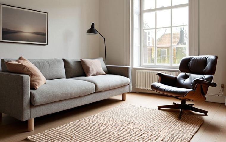 **Prompt 1: Serene Dutch Living Room with Wool Rug**
A wide shot of a cozy, tranquil living room in a Dutch home, emphasizing warmth and acoustic comfort. A large, inviting, thick wool rug in a neutral or warm muted color anchors the space. Soft, diffused natural light streams through a large window, creating a peaceful ambiance. The room features comfortable, minimalist furniture, perhaps a plush sofa and an armchair, suggesting a quiet retreat. The overall feeling is one of calm, coziness, and well-being, reflecting the comfort during "cold Dutch winters."