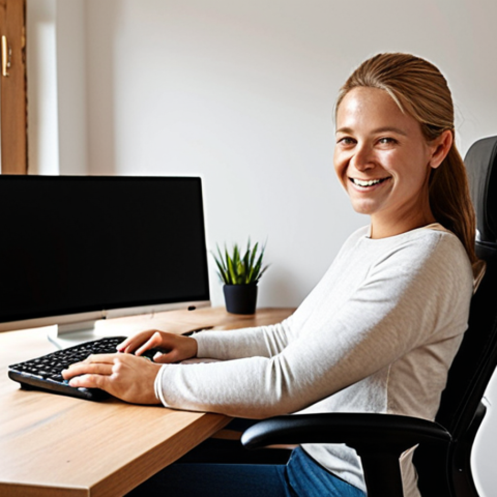 **Image Prompt:** A cozy home office setup in a Dutch home. A person is sitting in an ergonomic chair with a clearly visible lumbar support cushion. The desk has a monitor at eye level, and the person is smiling, looking comfortable and relaxed. Natural light is coming in from a window. The overall feeling is one of well-being and productivity. Style: Realistic photography.