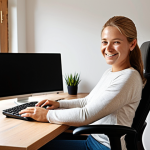 **Image Prompt:** A cozy home office setup in a Dutch home. A person is sitting in an ergonomic chair with a clearly visible lumbar support cushion. The desk has a monitor at eye level, and the person is smiling, looking comfortable and relaxed. Natural light is coming in from a window. The overall feeling is one of well-being and productivity. Style: Realistic photography.