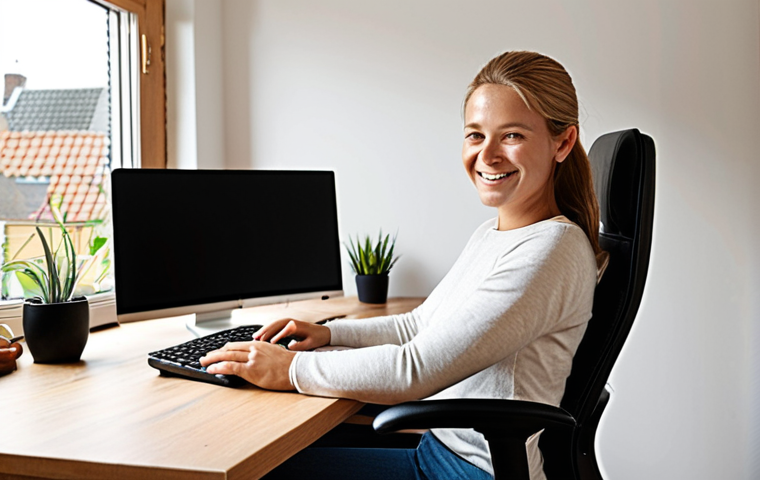**Image Prompt:** A cozy home office setup in a Dutch home. A person is sitting in an ergonomic chair with a clearly visible lumbar support cushion. The desk has a monitor at eye level, and the person is smiling, looking comfortable and relaxed. Natural light is coming in from a window. The overall feeling is one of well-being and productivity. Style: Realistic photography.