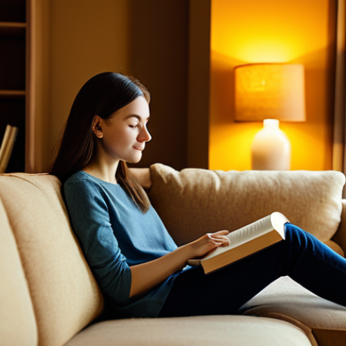 A serene individual in modest, comfortable attire, gently sitting on a plush sofa in a cozy living room. The room is bathed in warm, inviting light with a soft, yellow-orange glow, reminiscent of candlelight (2700K color temperature). They are holding a book, deeply engrossed in reading. The background features blurred, subtle home decor creating a peaceful ambiance. The overall image captures a feeling of comfort and deep relaxation. Safe for work, appropriate content, fully clothed, modest clothing, family-friendly, perfect anatomy, correct proportions, natural pose, well-formed hands, proper finger count, natural body proportions, professional photography, high quality.