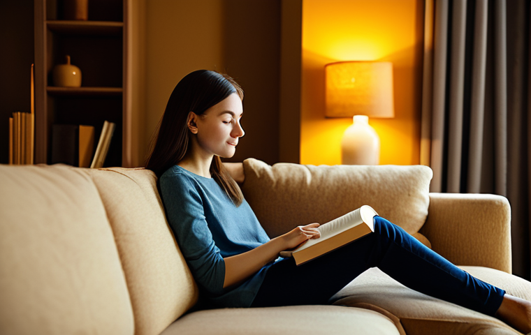 A serene individual in modest, comfortable attire, gently sitting on a plush sofa in a cozy living room. The room is bathed in warm, inviting light with a soft, yellow-orange glow, reminiscent of candlelight (2700K color temperature). They are holding a book, deeply engrossed in reading. The background features blurred, subtle home decor creating a peaceful ambiance. The overall image captures a feeling of comfort and deep relaxation. Safe for work, appropriate content, fully clothed, modest clothing, family-friendly, perfect anatomy, correct proportions, natural pose, well-formed hands, proper finger count, natural body proportions, professional photography, high quality.